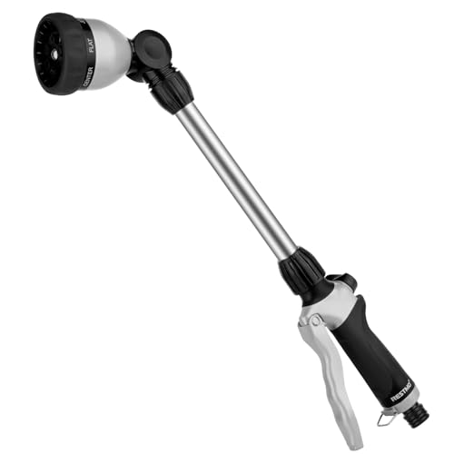 RESTMO Garten Gießstab Metall, 42cm Lang Gartenbrause mit Stiel, 180° schwenkbaren Kopf Stabbrause mit Durchflusskontrolle, 7 Sprühbilder Bewässerung Zauberstab für Blumenampeln und Sträucher, Schwarz