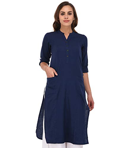 Image of Pistaa's Women's Cotton Relaxed Fit Straight Solid Kurta With Two Patch Pockets