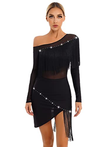 iiniim Vestido de Baile Latino con Flecos Borlas Mujer Vintage Vestido de Danza Rumba Tango Salsa Samba Manga Larga Traje de Baile de Salón A Negro M