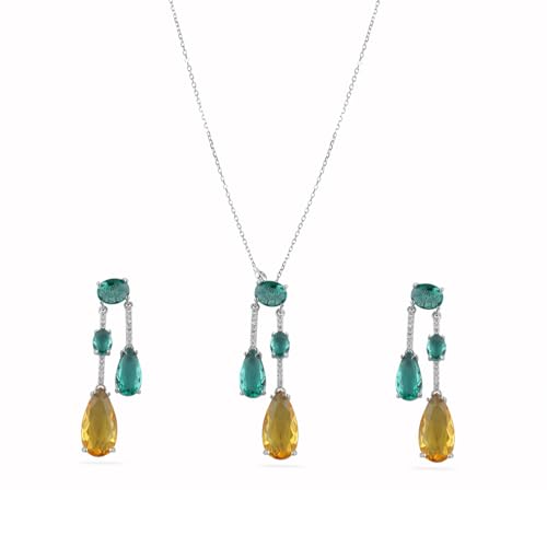 Image of Rubans Rhodium-Plated Emerald Green & Yellow Crystal Cubic Zirconia Studded Necklace Set