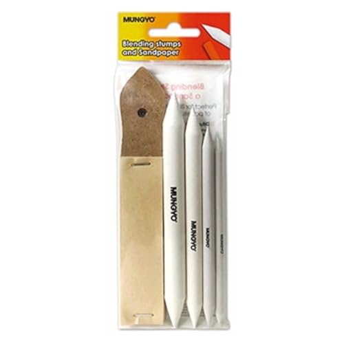 MUNGYO Blending Stumps and Sandpaper Set – 4 Sizes for Blending & Shading Pastels, Charcoal, and More – Includes Sandpaper Sharpener