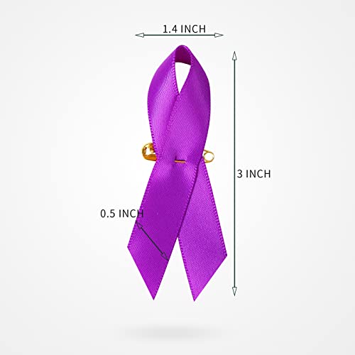 Image of 200 Pieces Purple Satin Awareness Ribbons with Safety Pins 1.4 x 3 inch