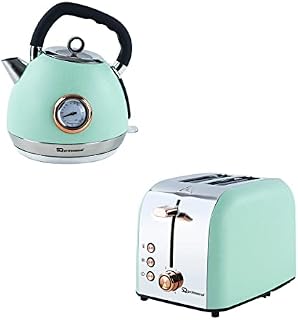 SQ Professional Epoque Breakfast Set 2pc Kettle with Rose Gold Features & Temperature Display 2200W. 2 Slice Toaster with Rose Gold Features, High-Lift & 6 Browning Levels 900W (Sea Green)