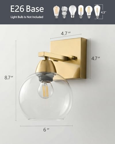 Image of Bathroom Light Fixtures, 1-Light Matte Gold Vanity Light with Hand-Blown Thick Glass Shade, High Clarity & Durable, Wall Sconce for Mirror, Kitchen, Bedroom, Hallway