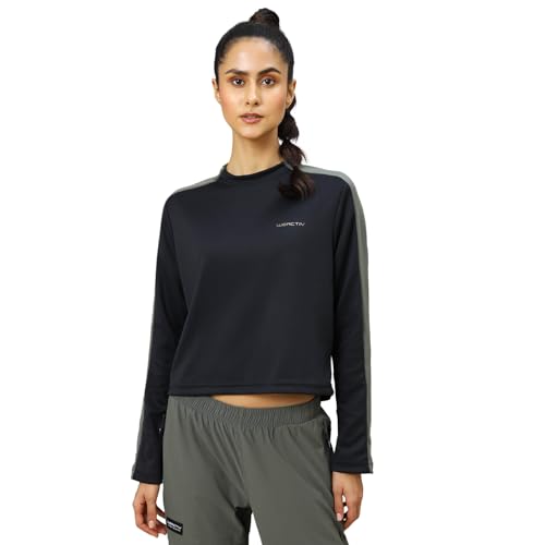 Image of TECHNOSPORT Womens Polyester Crew Neck Slim Fit Color Blocked Crop Sweatshirt Quick Dry & Antimicrobial