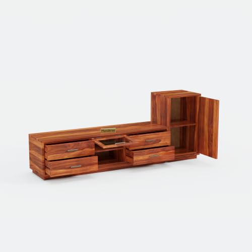 Image of Sheesham Wood Wooden tv Unit for Living Room 55 inch TV Furniture - Entertainment Unit Solid Wood tv Table for Living Room 55 inch TV Console with 4 Drawers, 4 Shelves