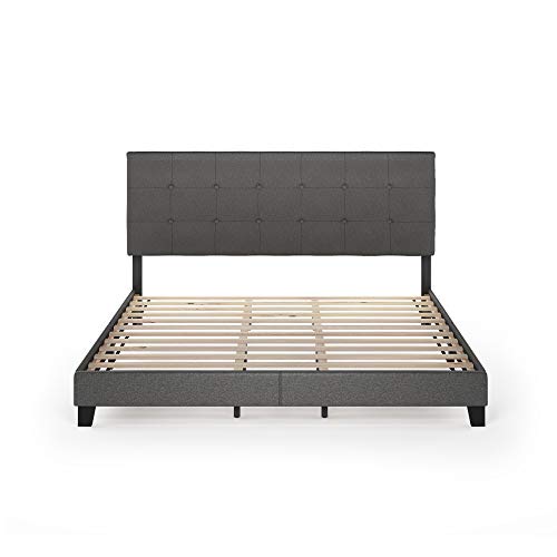 Furinno Laval Button Tufted Upholstered Platform Bed Frame, King, Stone #TOP1