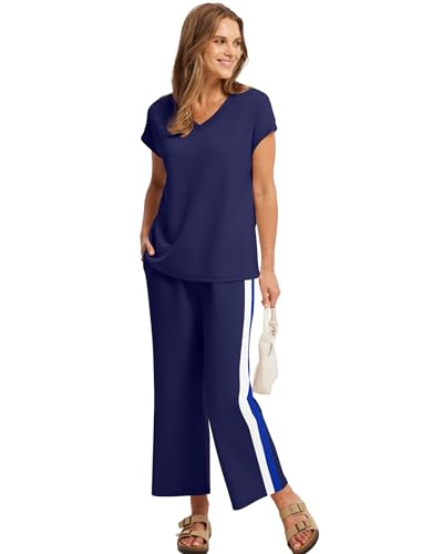 Image of Saloogoe Two Piece Sets for Women Summer Outfits Lounge Sets V Neck Tops Wide Leg Pants Woman Vacation Travel Outfits
