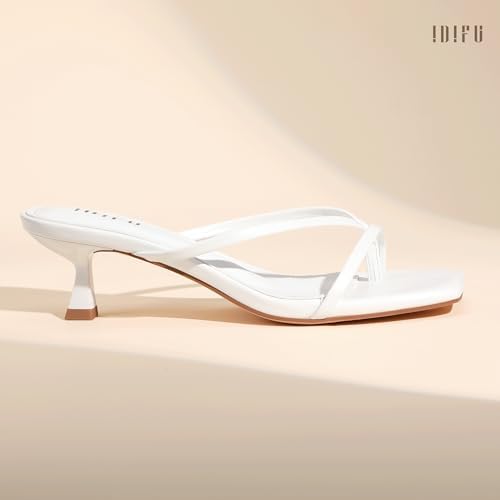 IDIFU White Kitten Heels for Women Flip Flop Strappy Square Open Toe Low Heeled Sandals Wedding Bride Prom Graduation Party Slide Dress Shoes Cute Trendy Casual Thong Slip On Heels(White Pu, 7.5) - 2