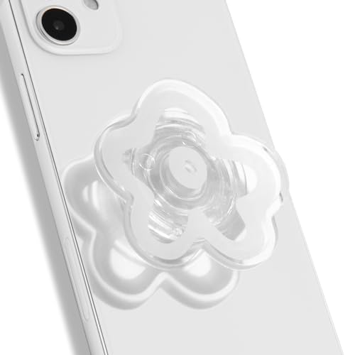 OnTheGrip Cute Transparent Daisy Flower Shape Design Mobile Phone Grip Multi Functional Collapsible Stand Holder for Smartphone Tablet Cell Phone Accessory (White)