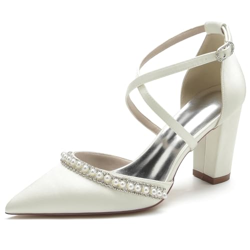 Chaussures de mariage à talons bas avec sangle croisée et bout pointu satin