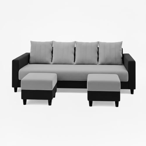 Image of STRIKON Plush 6 Seater L Shape Sofa Set with 2 Movable Ottoman | Flexible Layout |Silken Velvet Suede | Designer Sofa for Living Rooms & Office Spaces (Light Grey & Black)