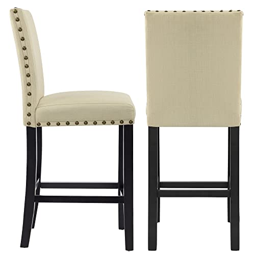 Gotminsi Nailhead 24 Inches Counter Height Stools Upholstered Bar Stools With Solid Wood Legs, Set Of 2 (Beige) #TOP6