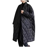 Women Long Baggy Winter Puffer Coats Collarless Cotton-Padded Jacket Button Long Sleeve Pockets Warm Quilted Outerwear