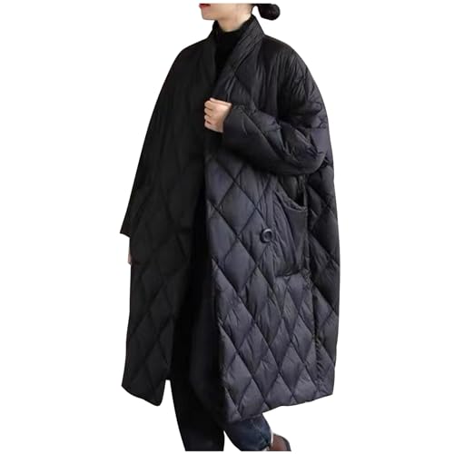 Women Long Baggy Winter Puffer Coats Collarless Cotton-Padded Jacket Button Long Sleeve Pockets Warm Quilted Outerwear