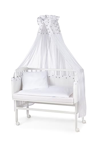 WALDIN Cuna colecho, Lacado en Blanco, 14 Modelos a Elegir a Elegir,Color Textil Blanco/Estrellas Gris