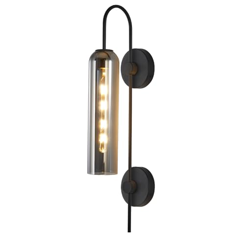 Image of BOKT Modern Black Long Wall Sconce 1-Light Smoke Glass Indoor Bathroom Wall Light Mid Century Minimalist Wall Sconce Industrial Bedroom Bar Wall Lamp (Smoke Gray)