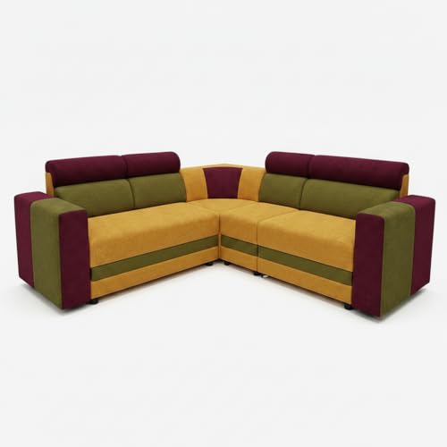 Image of APRODZ Wooden Sofa Set 6 Seater for Living Room, Solid Wood L Shape Sectional Sofa with Velvet Fabric Upholstery, Cushioned Seating for Home, Office & Lounge, Yellow, Green & Magenta Pink