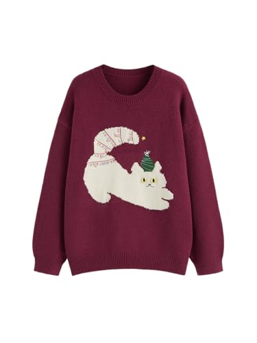 Image of CIDER Women's Cat Sweater Long Sleeve Crew Neck Fun Graphic Cute Patterned Chunky Pullover Sweater Tops
