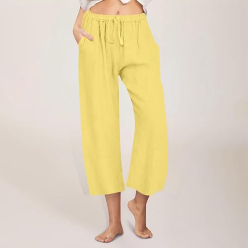 Cotton Linen Pants for Women 2025 Wide Leg Lounge Cropped Trousers Drawstring Elastic Waist Summer Capri Pant2