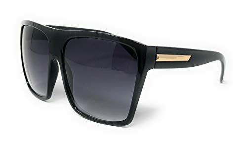 Large Oversized Retro Fashion Square Flat Top Sunglasses (Black-Gold)