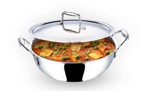 Image of Kuber Industries XtraDeluxe Deep Frying 2.2 Liters Triply Stainless Steel Kadai for Cooking with Lid | Induction Compatible Kadhai /Cookware for Kitchen | Has Cold-Touch Handles | SS - Silver