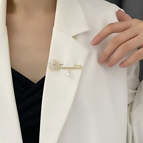 Image of Crystal Snowflake Brooch Pin Sweater Shawl Clip Faux Pearl Rhinestone Lapel Decorative Safery Pin Dress Jackets Suit Pants Skirt Waist Brooches Pins Delicate Jewelry Gifts for Women Girls Christmas