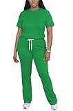 PINSV Women 2 Piece Outfits Short Sleeve Tops and Long Pants Tracksuit Workout Lounge Sets Green XL