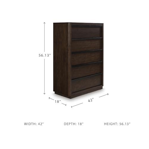 Image of Signature Design by Ashley Kendamor Contemporary 5-Drawer Chest with Felt-Lined Top Drawer and Easy Glide for Bedroom, Dark Brown