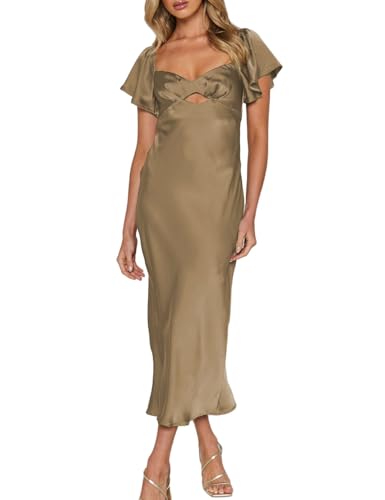 Image of Summer Satin Flutter Sleeve Wedding Guest Dresses for Women Sweetheart Neckline Cutout Tie Back Midi Cocktail Dress