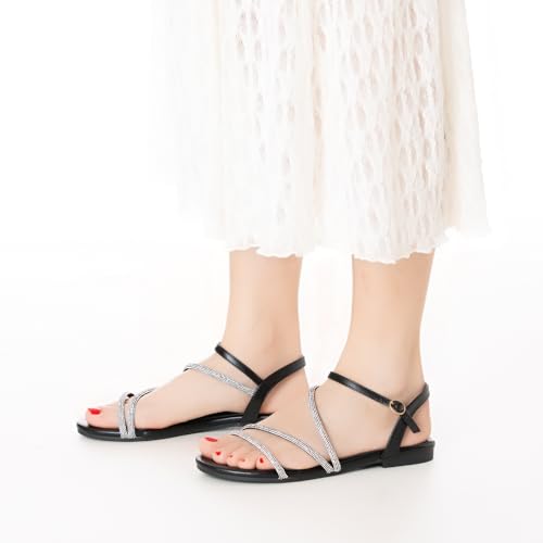Image of Mtzyoa Women Flat Sandals Dressy Strappy Gladiator Summer Ankle Strap Nude Open Toe Comfortable Wedding Casual Leather Ladies Party Trendy Vacation