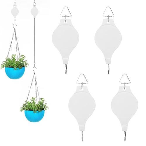 HOGXUAE 4PCS Plant Pulley Retractable Pulley Plant Hanger Hanging Flower Basket Hook Hanger for Garden Baskets Pots and Birds Feeder in Different Height Lower and Raise