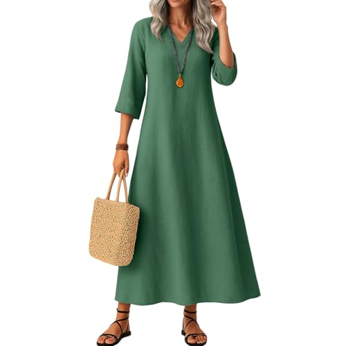 Womens Maxi Dress Ladies' Summer Casual Long Sleeve Midi Dresses with Pocket for Daily, Holiday, Travel, Maternity,Green,XXL