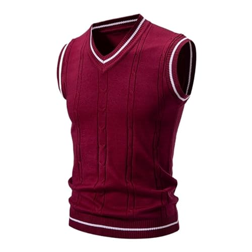 Men's Sleeveless Sweater V-Neck Lined Vest Men's Top(Red,Medium)