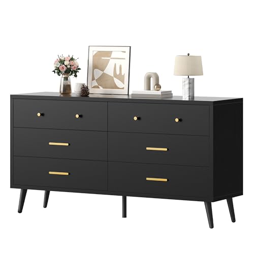 DWVO White 6 Drawers Dresser/Modern Wood Dresser Chest of Drawers with Black Metal Handle&Anti-Tipping Device/Modern Double Drawer Storage Cabinet for Entryway/Living Room-15.7" Dx55.1 Wx31.1 H