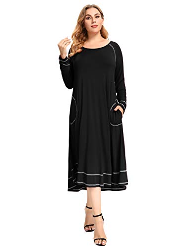 LARACE Plus Size Nightgown Maxi Dresses for Women Raglan Sleeve Long Pajamas with Pocket Casual Sleep Wear Swing Midi(Black L)