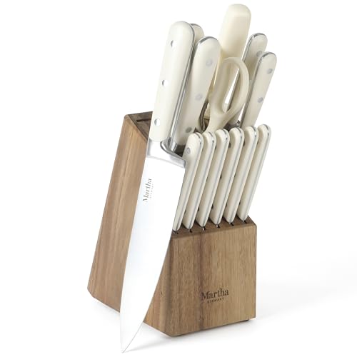 Comparison: Best Block Knife Sets 11 MARTHA STEWART Eastwalk 14 Piece High Carbon Stainless Steel Cutlery Kitchen Knife Block Set w/ABS Triple Riveted Forged Handle Acacia Wood Block - Linen White