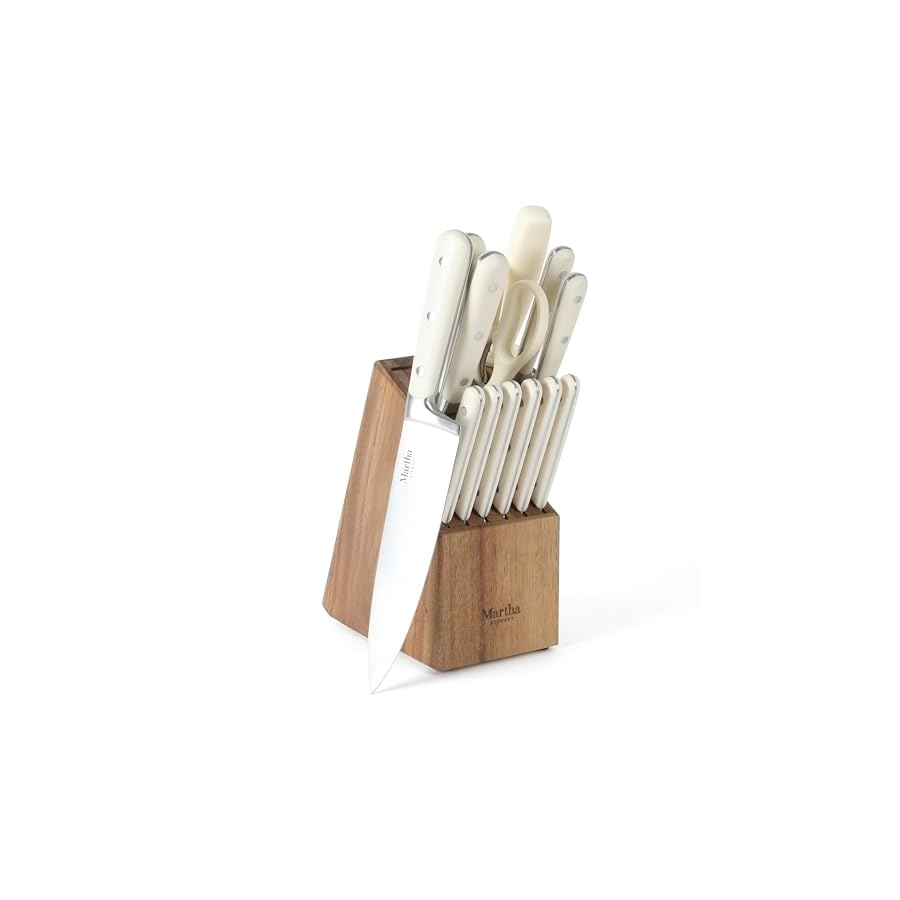 MARTHA-STEWART-Eastwalk-14-Piece-High-Carbon-Stainless-Steel-Cutlery-Kitchen-Knife-Block-Set-wABS-Triple-Riveted-Forged-Handle-Acacia-Wood-Block-Linen-White MARTHA STEWART Eastwalk 14 Piece High Carbon Stainless Steel Cutlery Kitchen Knife Block Set w/ABS Triple Riveted Forged Handle Acacia Wood Block - Linen White