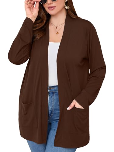 AusLook Women's Plus Size Lightweight Open Front Cardigan Dark Coffee 3X Causal Long Sleeve Cover...