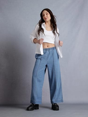 Image of INKD Women's Wide Leg Jeans- 100% Cotton | Mid-Rise | Elasticated Waistband | Pintuck Details | Comfort Fit | Palazzo Pants for Women | Lightweight Denim for Summers (Available in Plus Sizes)