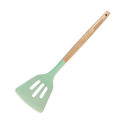 Fackelmann Ocean Espátula Ranurada, Espátula de Silicona con Núcleo Rígido de Acero, Mango Antideslizante de Madera con Certificado FSC, 27 x 4 cm, Verde Agua, 1 ud