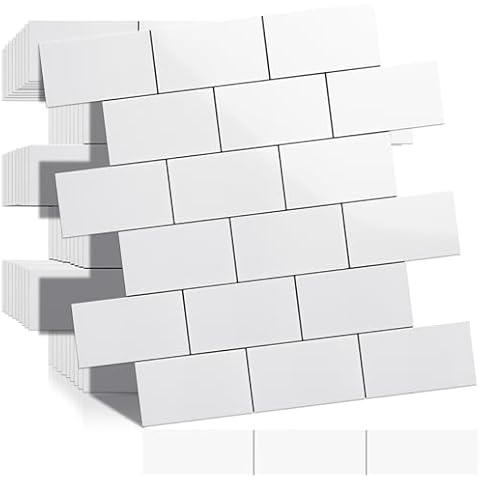 DICOFUN 10-Sheet Polished White Thick PVC Peel and Stick Backsplash, Ceramic Look Subway Tile White Kitchen Backsplash Peel and Stick Wall Tiles Cover