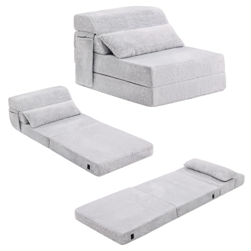 SESHINELL Folding Mattress with Pillow, Single Size Fold Out Sofa Chair Z Bed with Plush Cover & Storage Side Pocket, Floor Mattress Lounger for Guest Room, Living Room, Dorm, Home Office, Grey