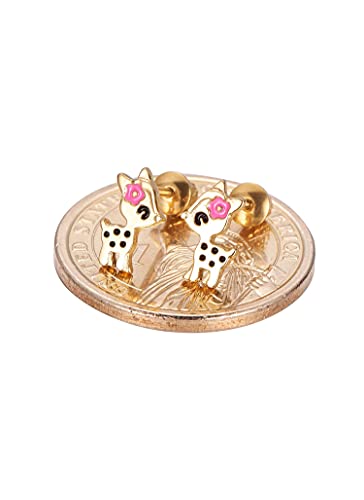 Earrings For Girls, Gold Plated Deer Hypoallergenic Earrings For Girls, Stud Screw On Safety Backs, Stainless Steel Ultra Sensitive Ears Post For Kids, Toddlers, Little Girls, Teens (A: Gold Toned) #TOP1