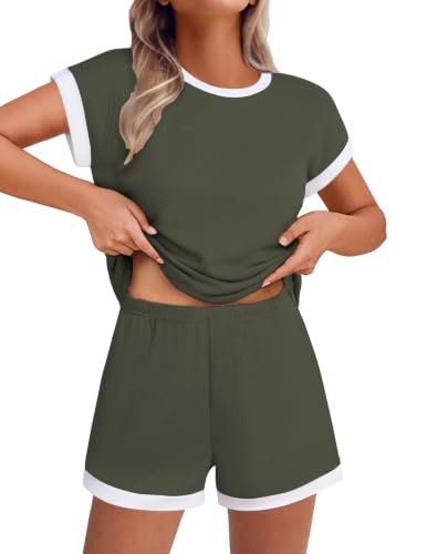 Image of Ekouaer Two Piece Sets for Women Summer Striped Lounge Set Vacation Outfit | Casual Cute Waffle Knit Tops Shorts Sets with Pocket for Travel, Jogging, Cruise, Beach, Airport