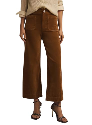 miduo Womens Fashion Button High Waisted Capris Pants Straight Leg Wide Leg Corduroy Pants with Pockets Cropped Pant Trousers Coffee 29