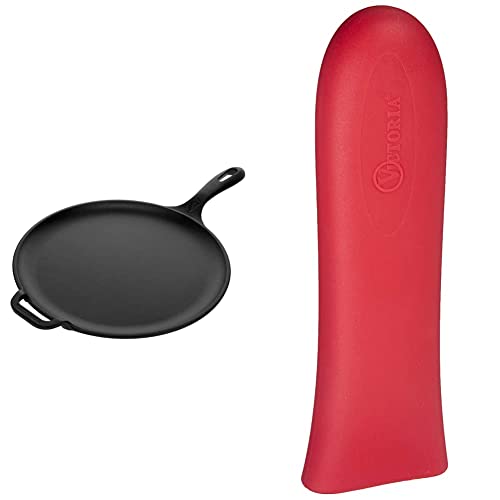 Victoria 12-Inch Cast Iron Comal Pizza Pan with Silicone Handle Cover | Preseasoned Round Griddle Pan