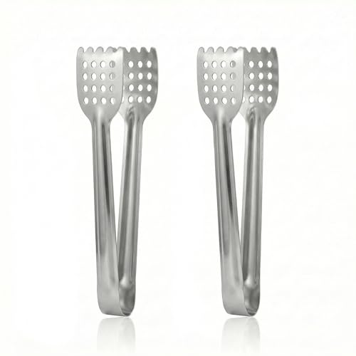 YAFIYGI 2Pcs Small Tongs for Serving Buffet Party Stainless Steel Mini Silver Kitchen Cooking Bar Salad Tong Set Durable Lightweight Ergonomic Grip for Home Dining 6.69 Inch