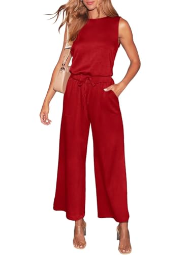 LACOZY Damen Sommer Jumpsuit Overall Ärmellos Casual Strampler Playsuit Einteiler Straight Leg Jumpsuits mit Taschen, ro...