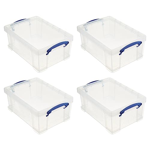 Image of Really Useful Box Stackable 9 Liter Plastic Storage Container, 4 Pack | Bin with Snap Lid & Built-In Clip Lock Handles for Home & Office Organization